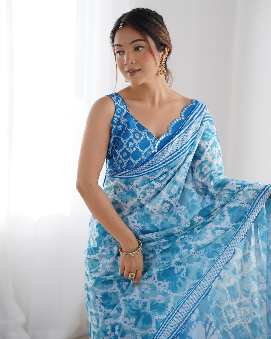 Sky Blue Designer Chinon Saree for Women