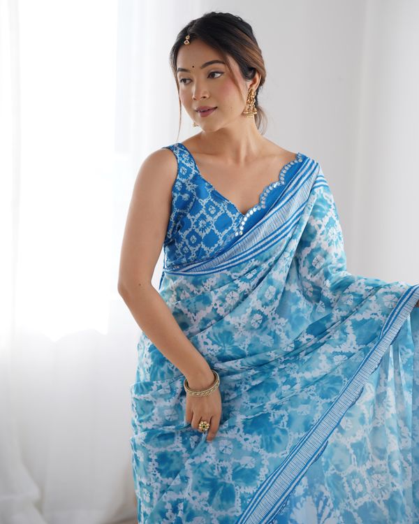 Sky Blue Designer Chinon Saree for Women