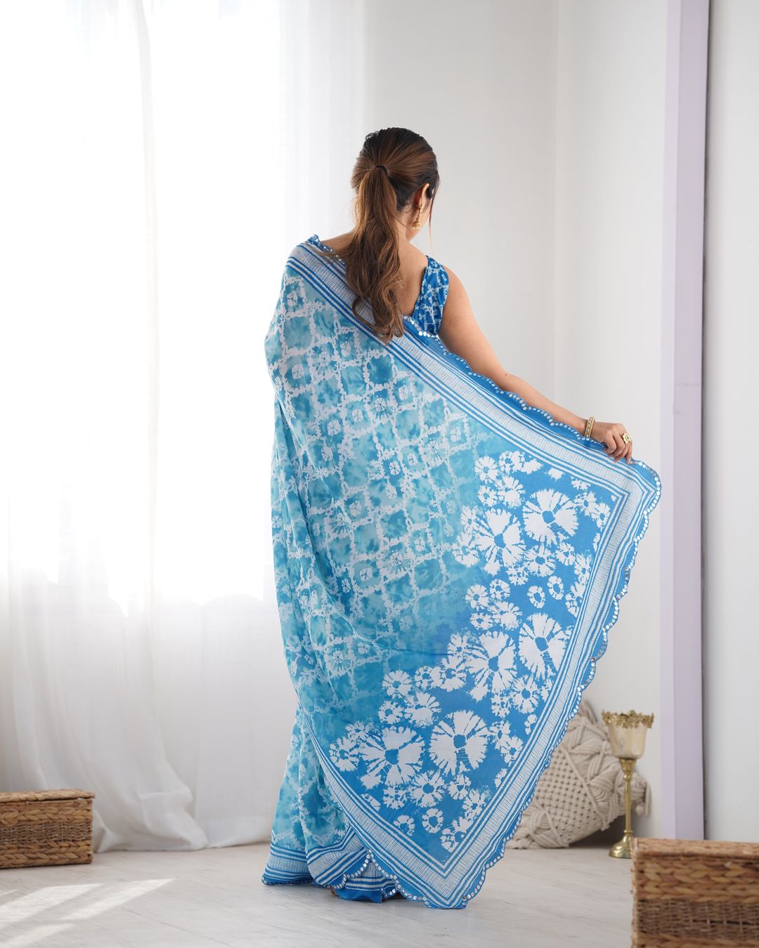 Sky Blue Designer Chinon Saree for Women