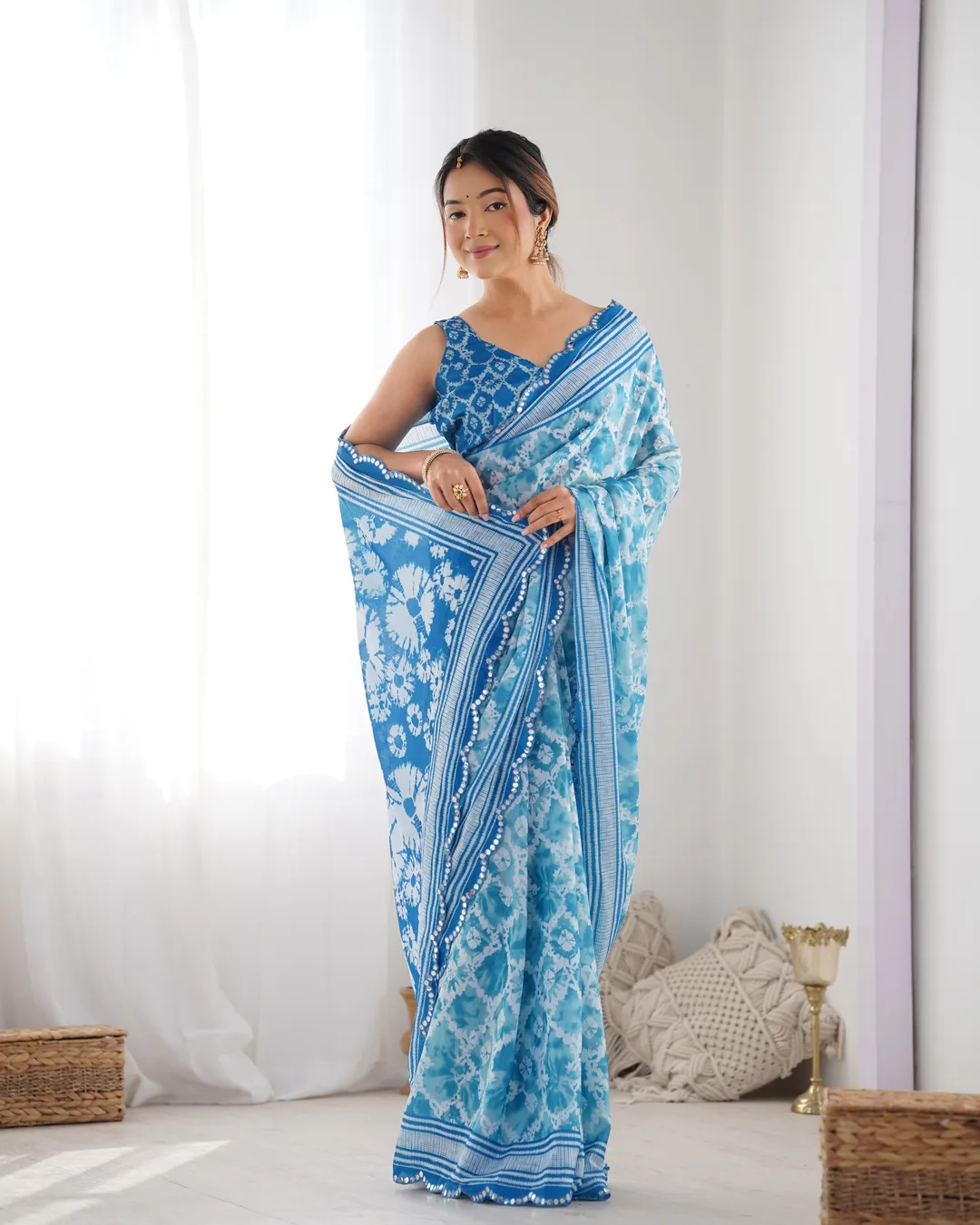 Sky Blue Designer Chinon Saree for Women