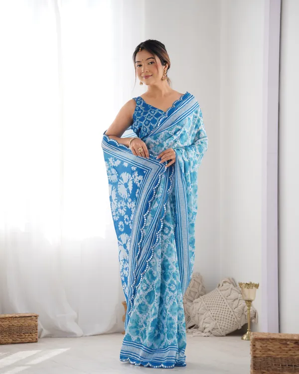 Sky Blue Designer Chinon Saree for Women