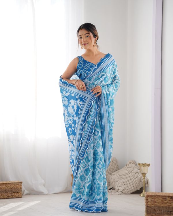Sky Blue Designer Chinon Saree for Women