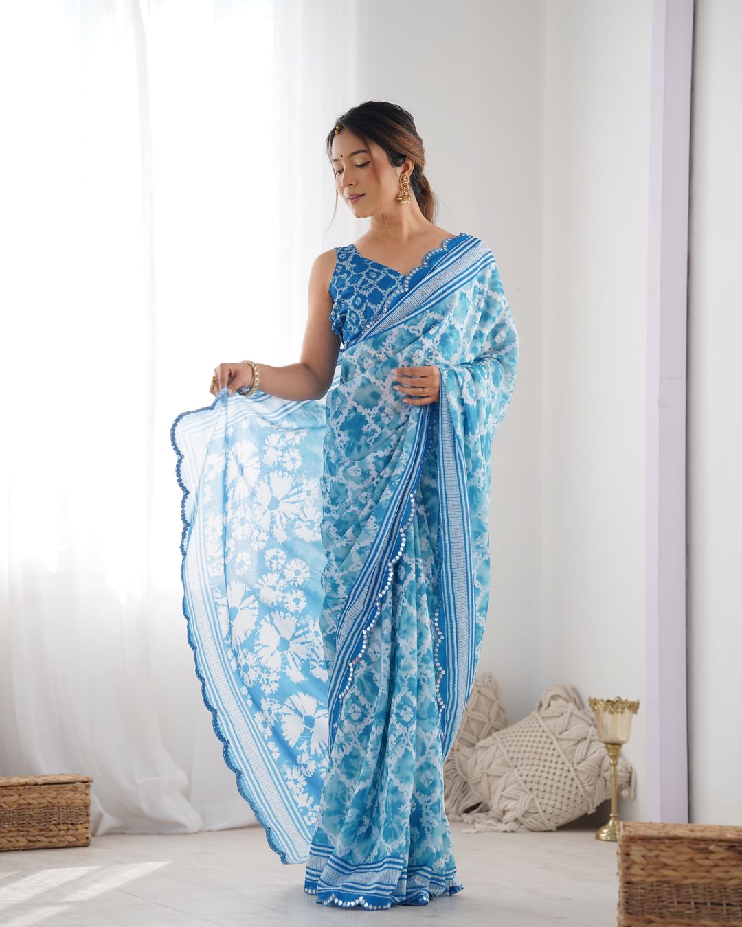 Sky Blue Designer Chinon Saree for Women