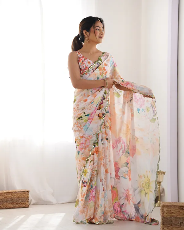 Peach Party Wear Chinon Saree with Mirror Work Border