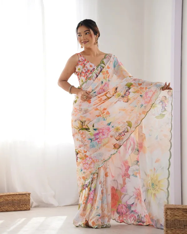 Peach Party Wear Chinon Saree with Mirror Work Border