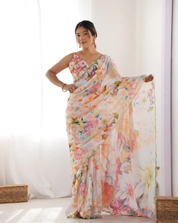Peach Party Wear Chinon Saree with Mirror Work Border
