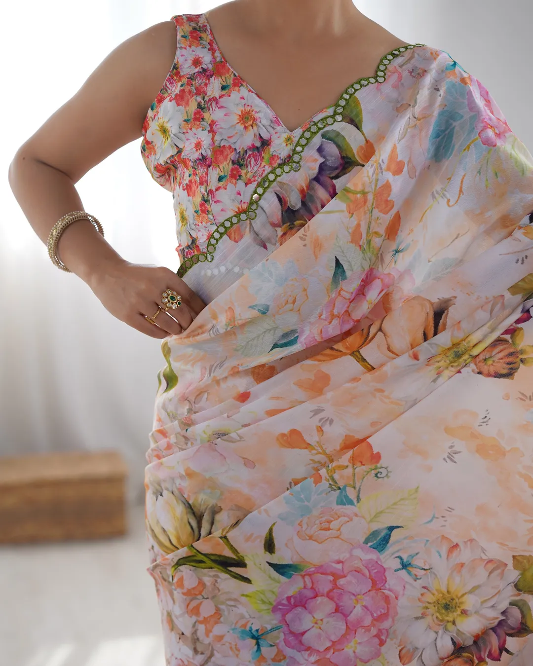 Peach Party Wear Chinon Saree with Mirror Work Border