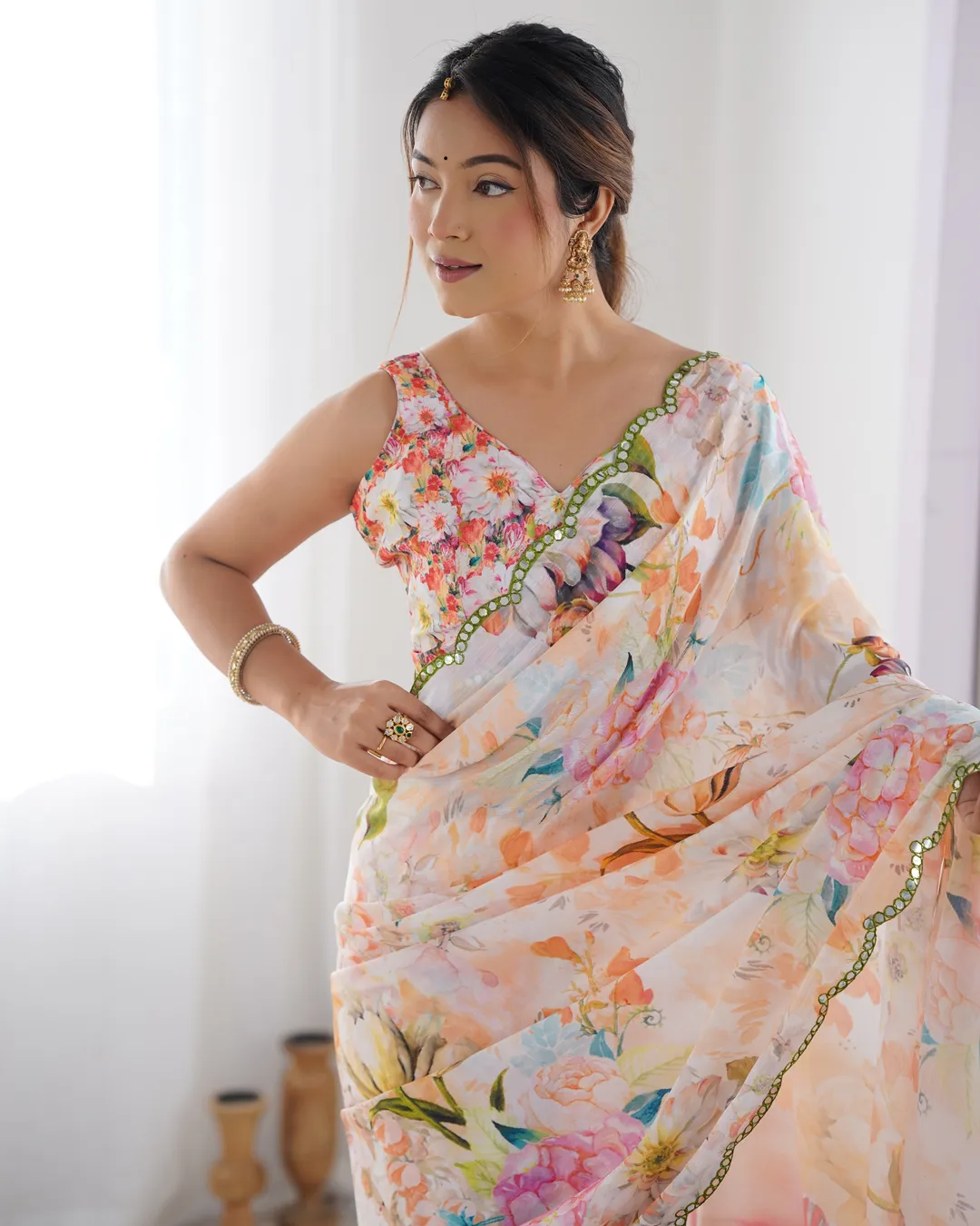 Peach Party Wear Chinon Saree with Mirror Work Border