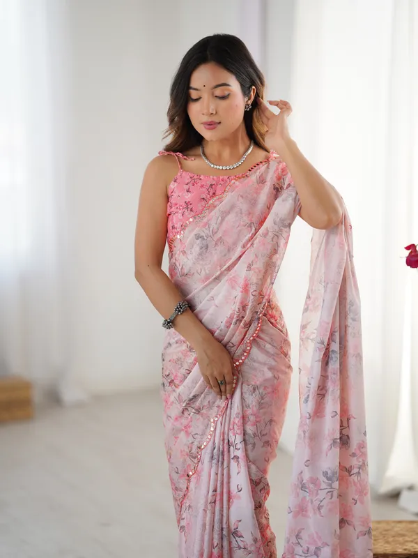 Elegant Blush Pink Chinon Saree with Mirror Work
