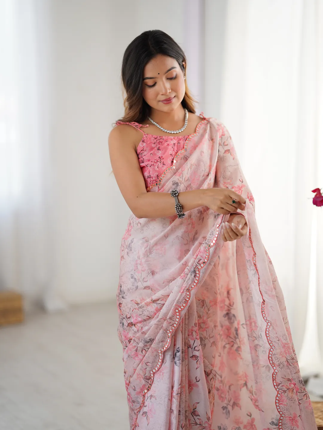 Elegant Blush Pink Chinon Saree with Mirror Work