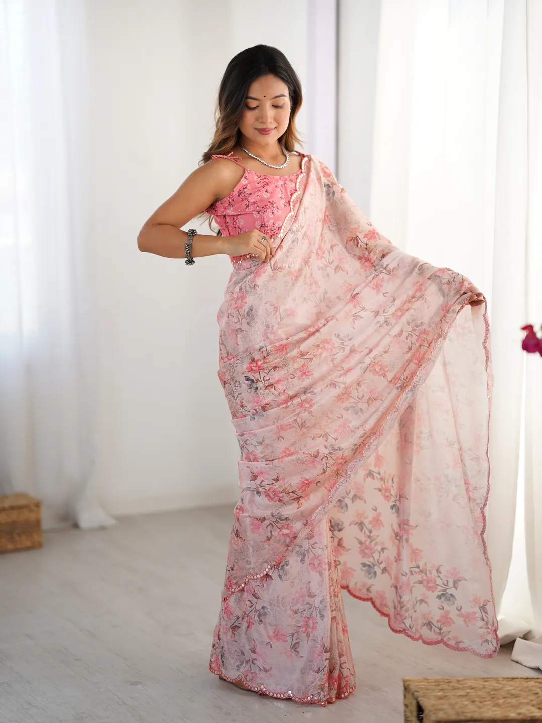 Elegant Blush Pink Chinon Saree with Mirror Work