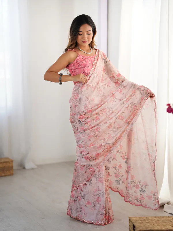 Elegant Blush Pink Chinon Saree with Mirror Work