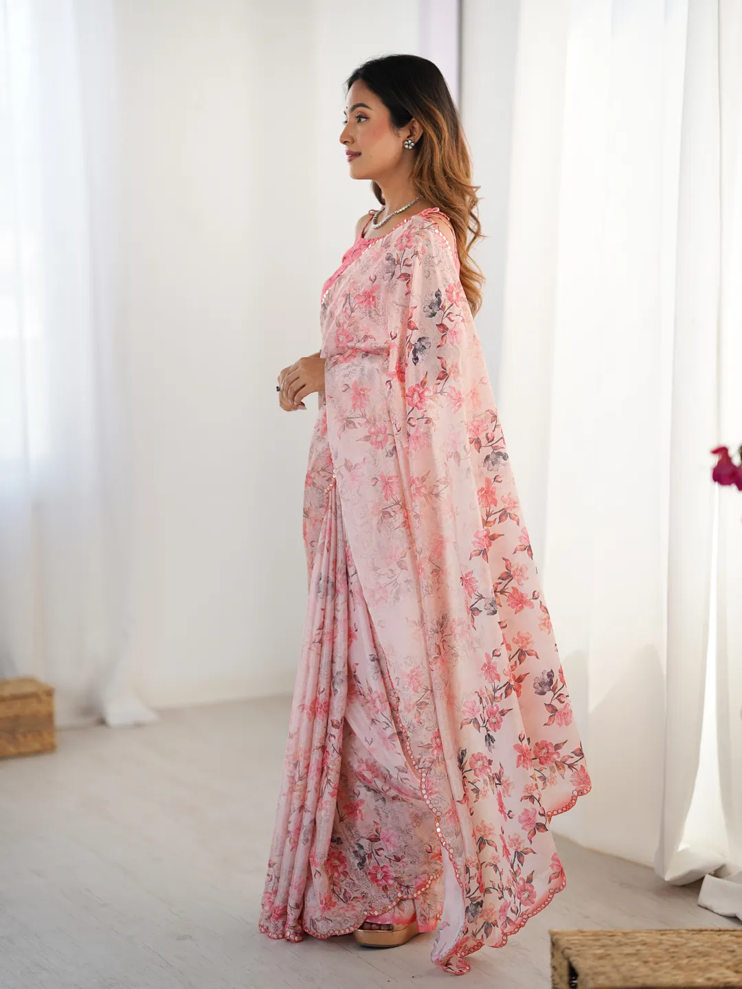 Elegant Blush Pink Chinon Saree with Mirror Work