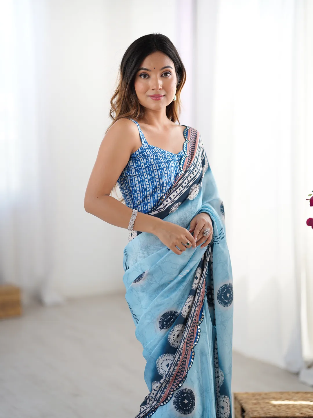 Blue Designer Chinon Saree with Mirror Border