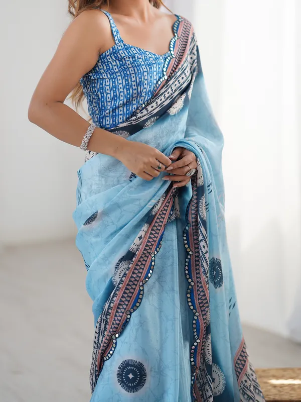 Blue Designer Chinon Saree with Mirror Border