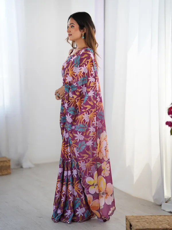 Premium Wine Printed Chinon Saree with Blouse