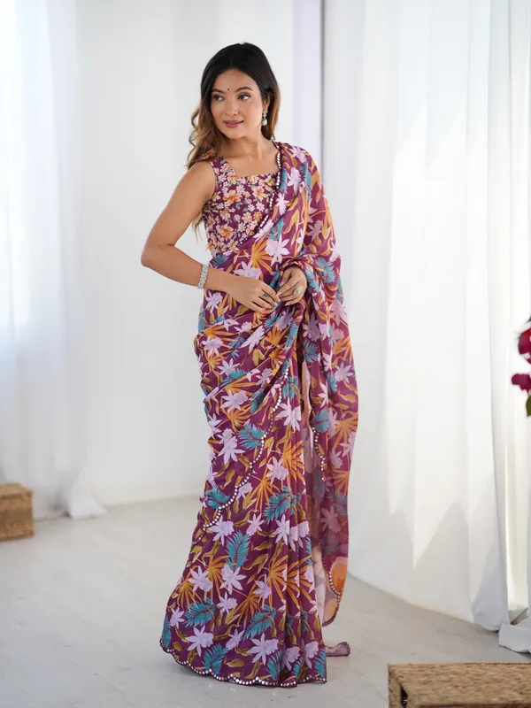 Premium Wine Printed Chinon Saree with Blouse
