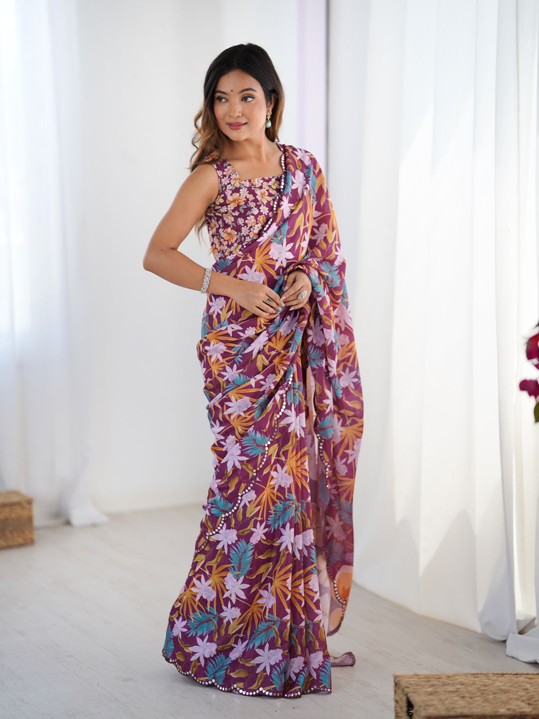Premium Wine Printed Chinon Saree with Blouse