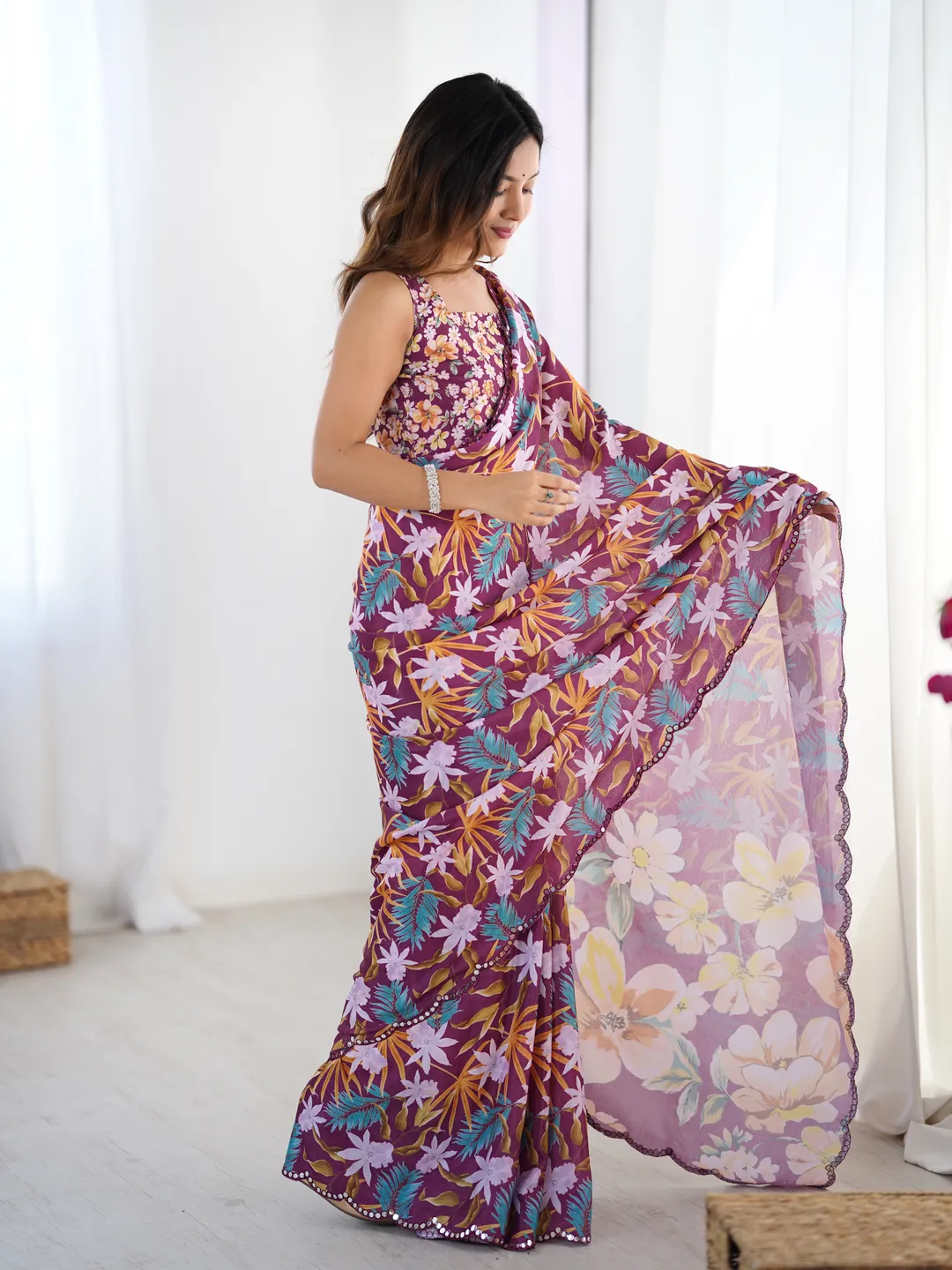 Premium Wine Printed Chinon Saree with Blouse