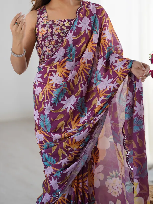 Premium Wine Printed Chinon Saree with Blouse