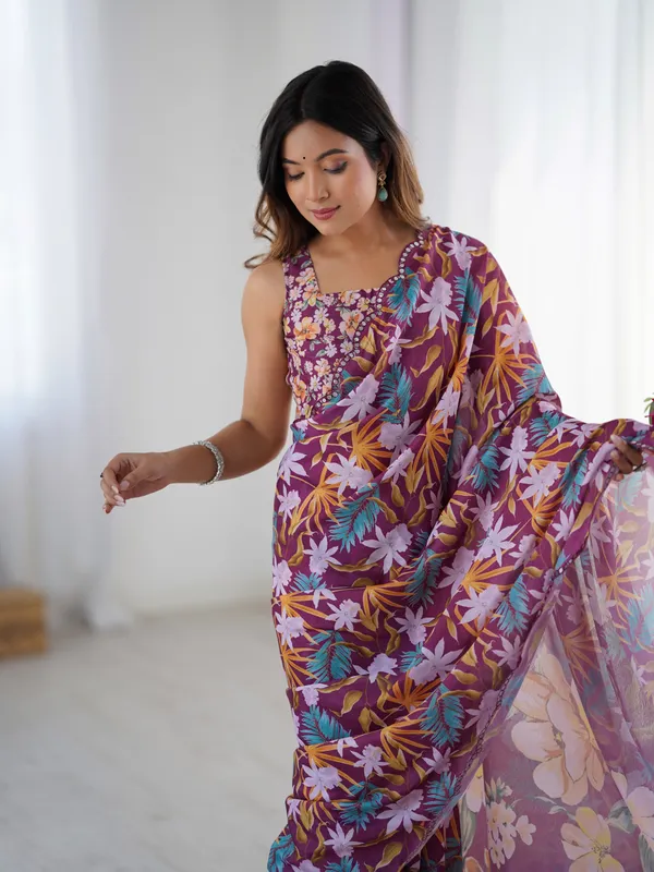 Premium Wine Printed Chinon Saree with Blouse