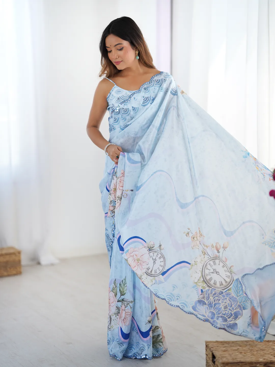Sky Blue Floral Heavy Chinon Saree with Designer Border