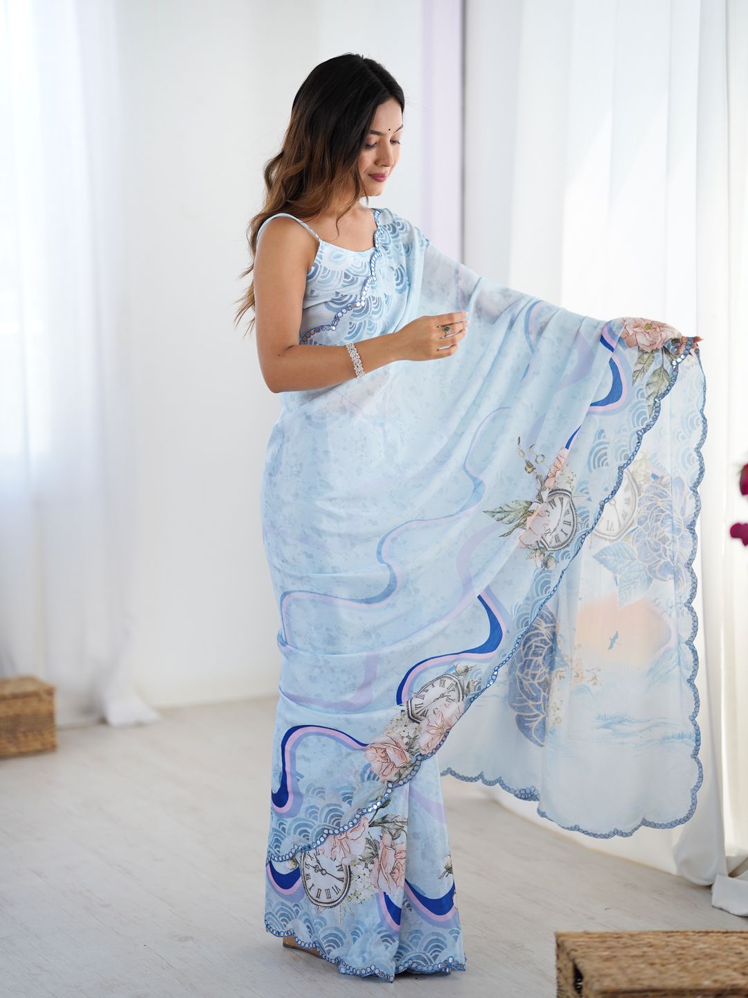 Sky Blue Floral Heavy Chinon Saree with Designer Border