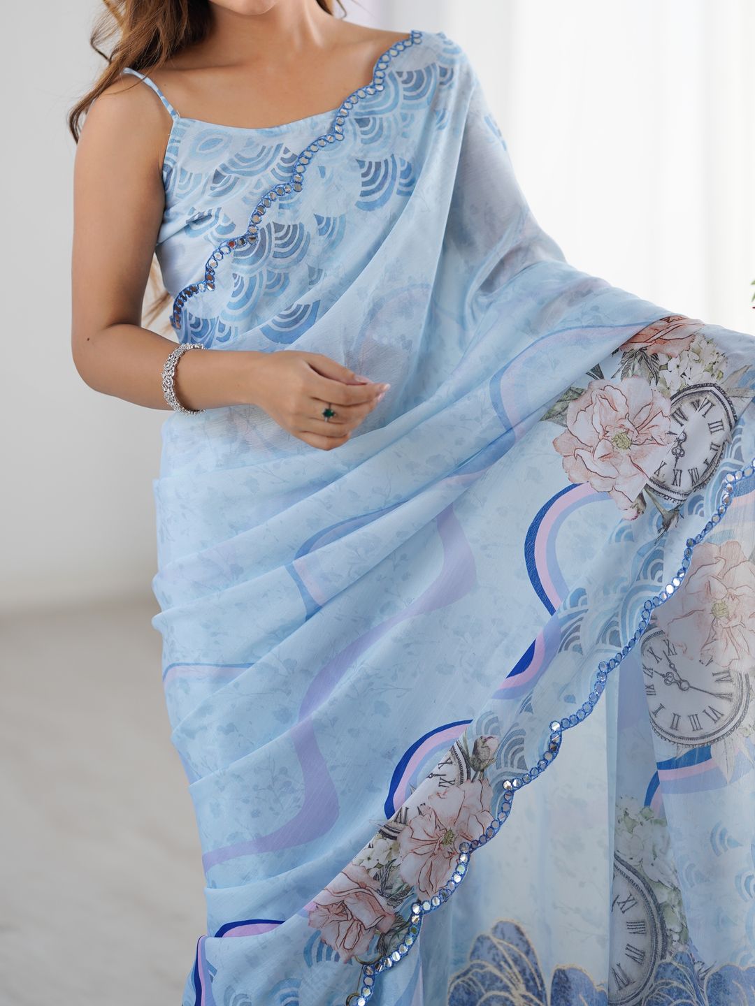 Sky Blue Floral Heavy Chinon Saree with Designer Border