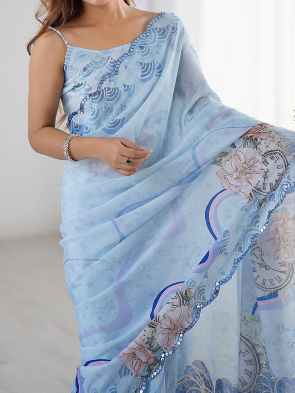 Sky Blue Floral Heavy Chinon Saree with Designer Border
