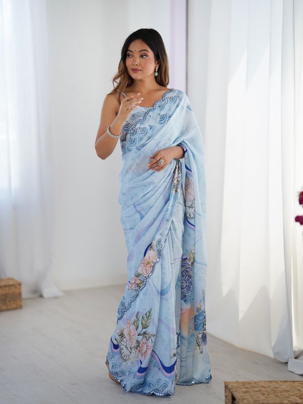 Sky Blue Floral Heavy Chinon Saree with Designer Border