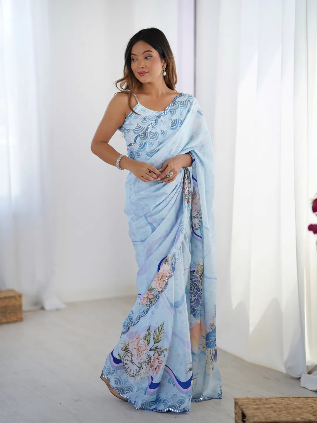 Sky Blue Floral Heavy Chinon Saree with Designer Border