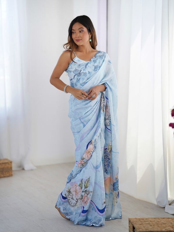 Sky Blue Floral Heavy Chinon Saree with Designer Border