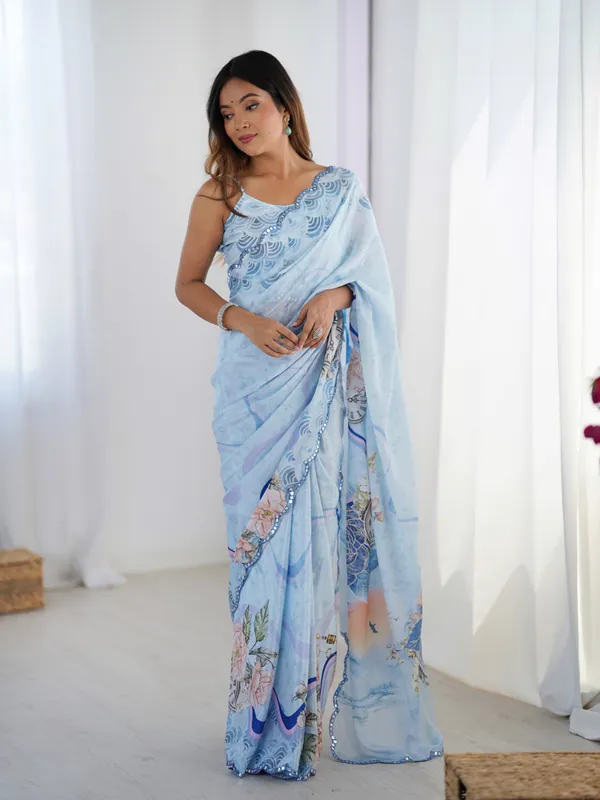 Sky Blue Floral Heavy Chinon Saree with Designer Border
