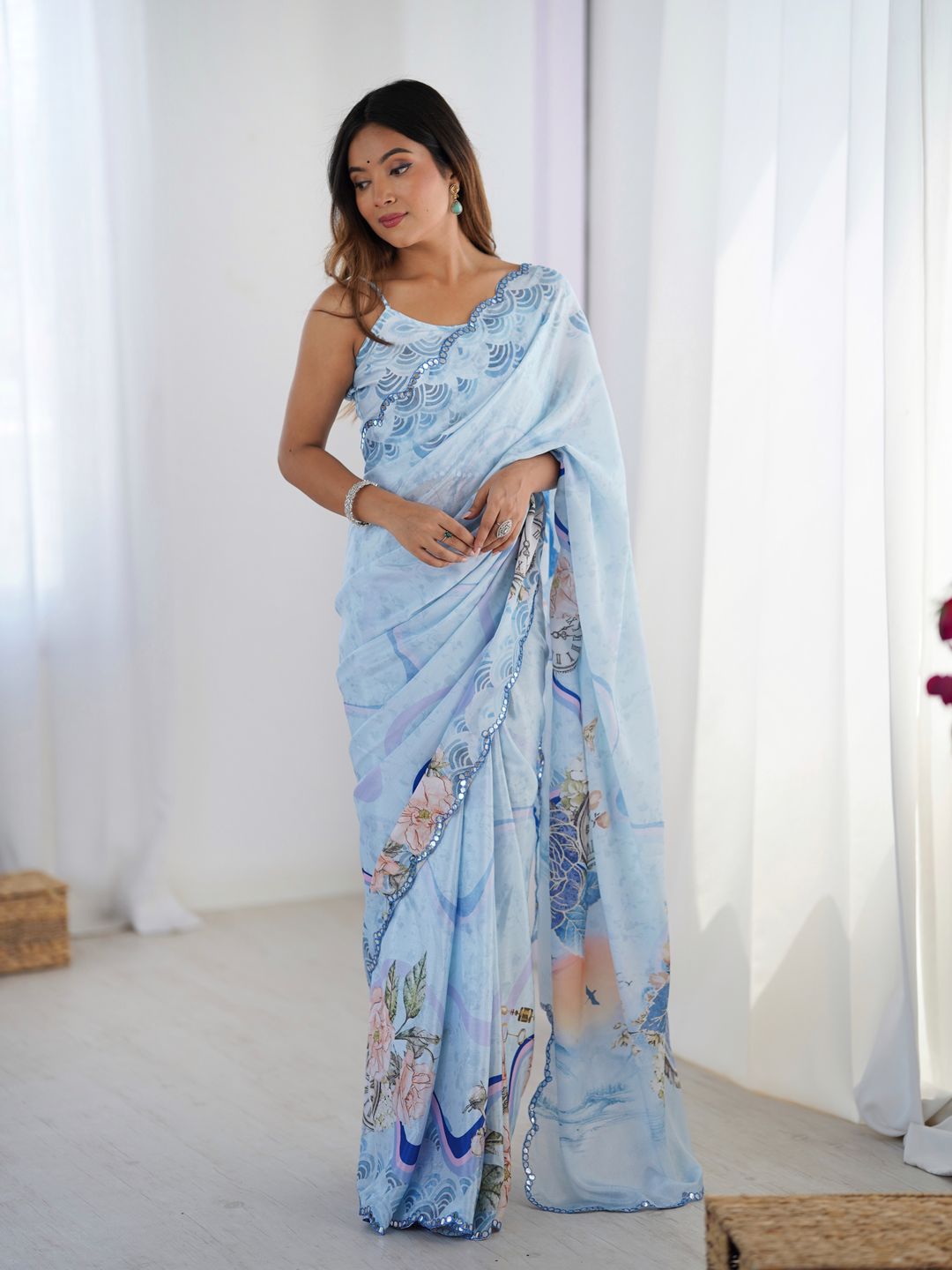 Sky Blue Floral Heavy Chinon Saree with Designer Border