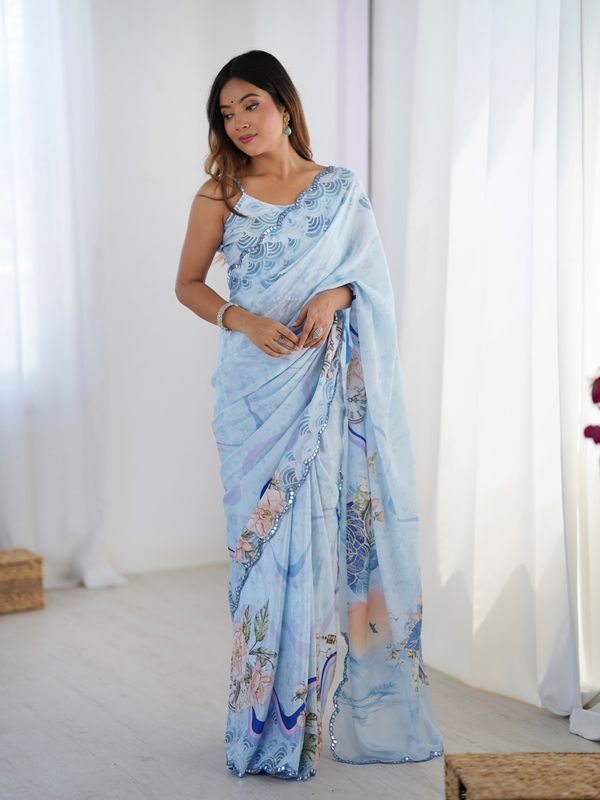 Sky Blue Floral Heavy Chinon Saree with Designer Border