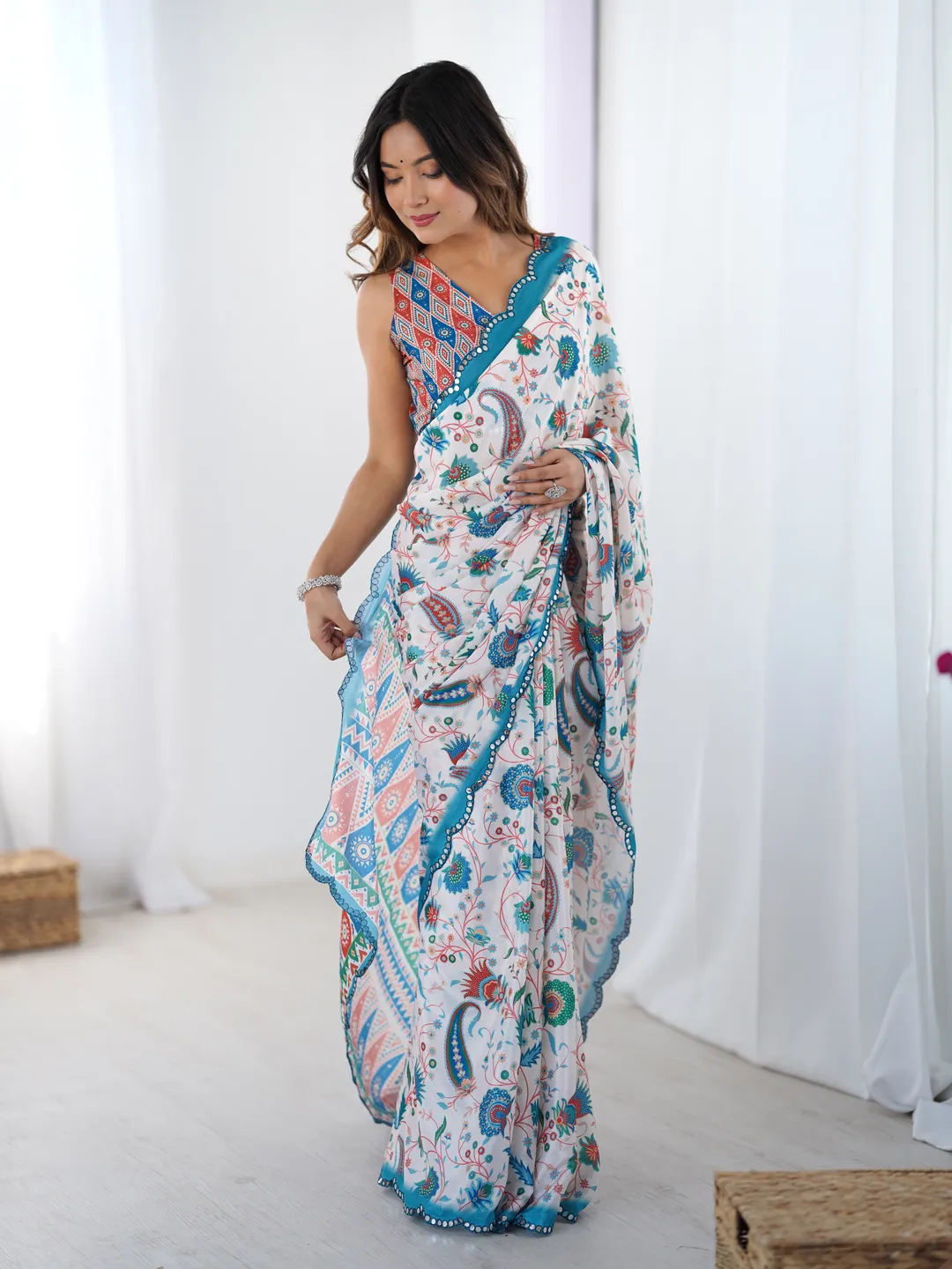 Elegant White Heavy Chinon Party Wear Saree