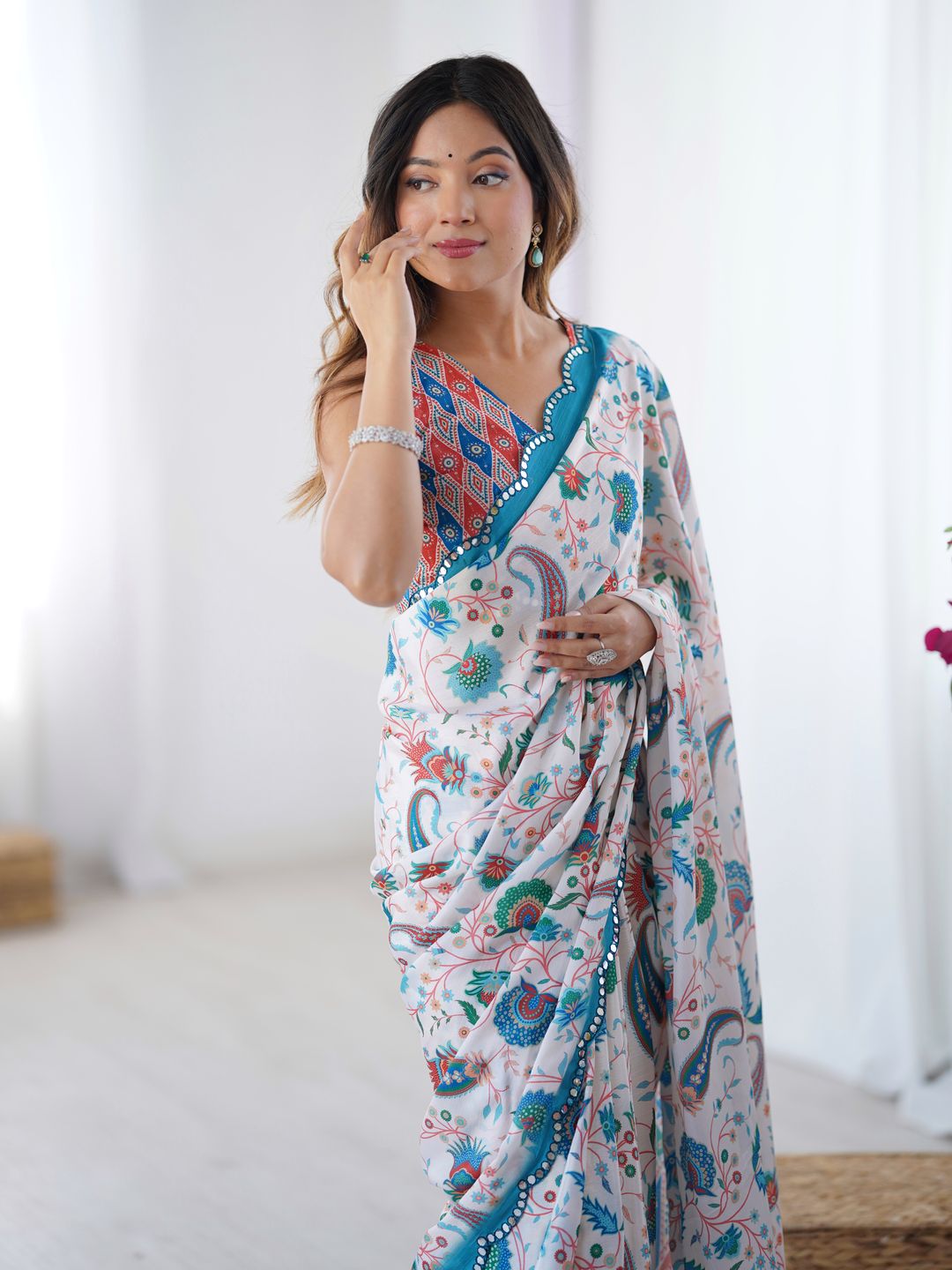 Elegant White Heavy Chinon Party Wear Saree