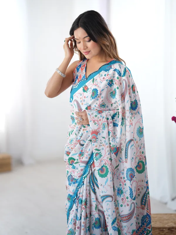 Elegant White Heavy Chinon Party Wear Saree