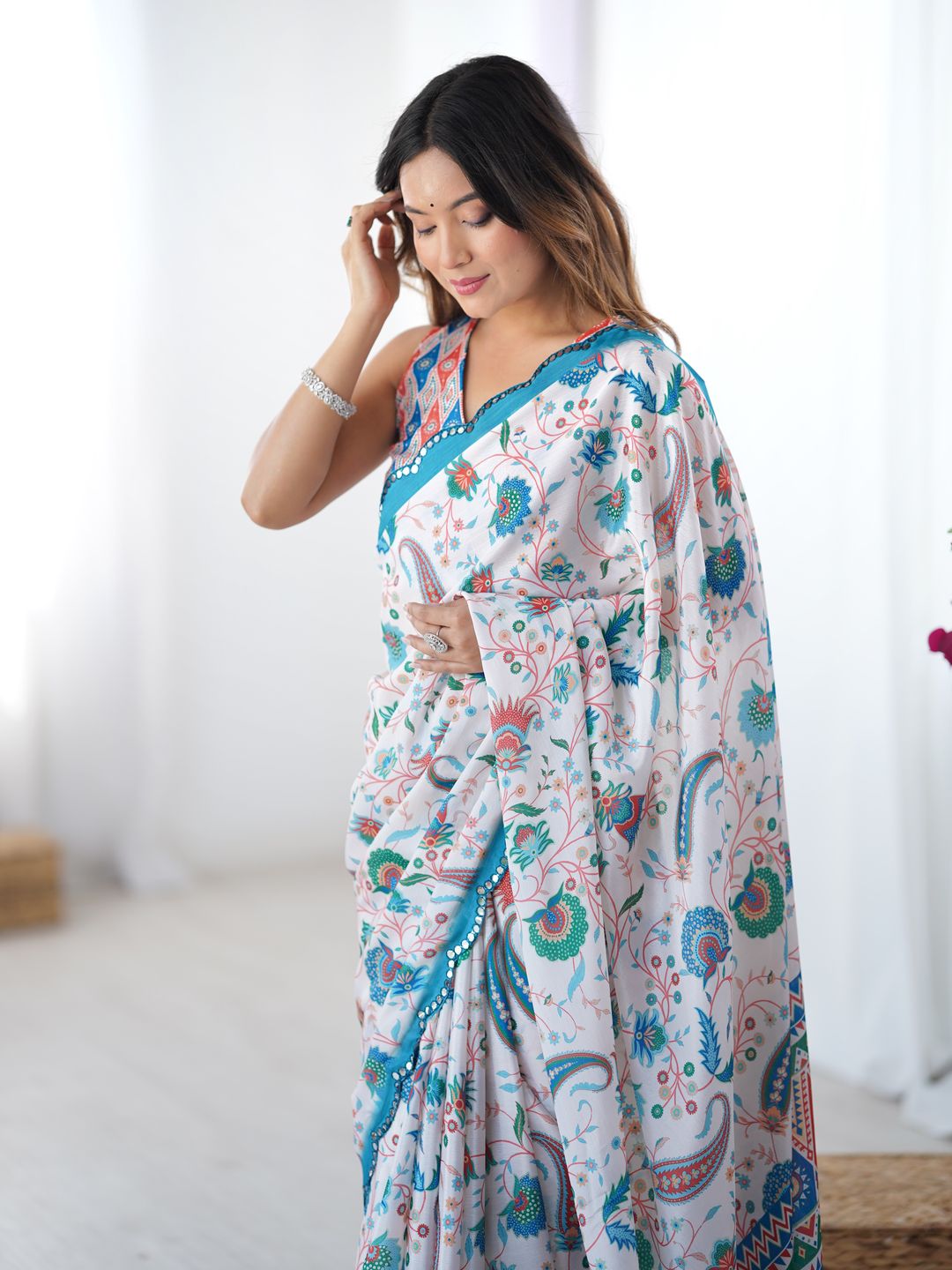 Elegant White Heavy Chinon Party Wear Saree