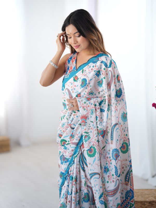 Elegant White Heavy Chinon Party Wear Saree