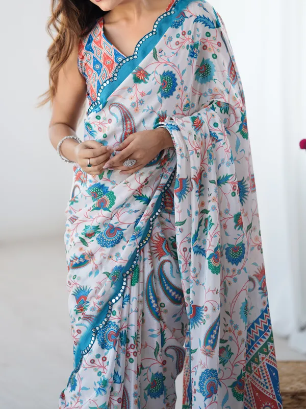 Elegant White Heavy Chinon Party Wear Saree
