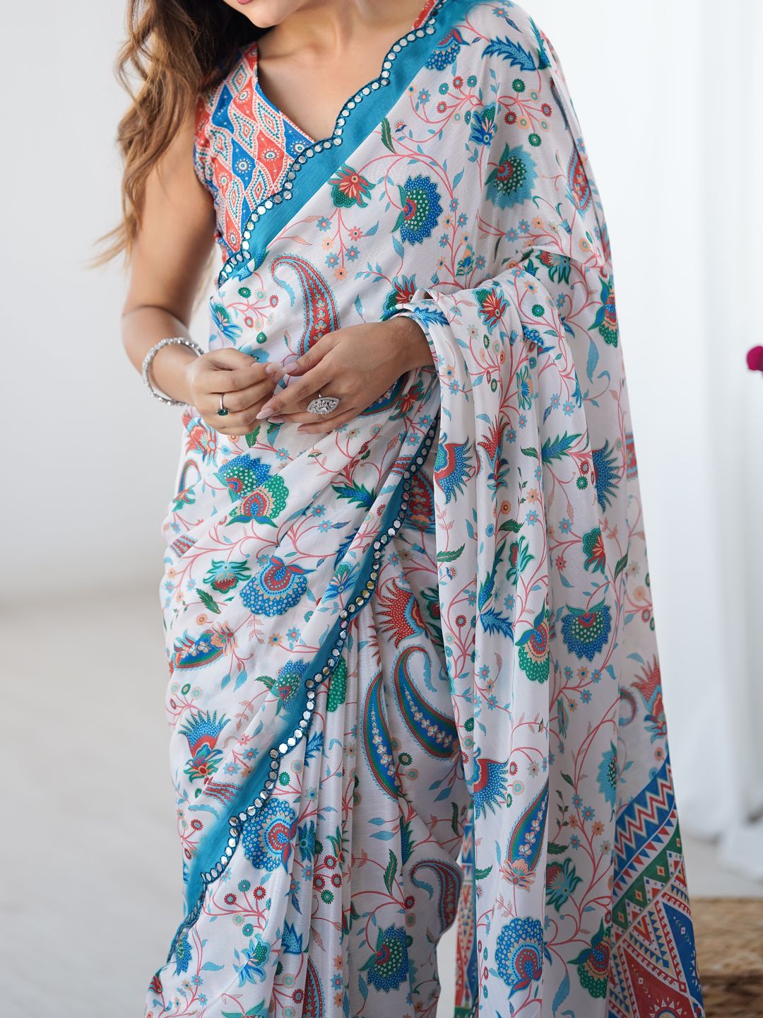 Elegant White Heavy Chinon Party Wear Saree