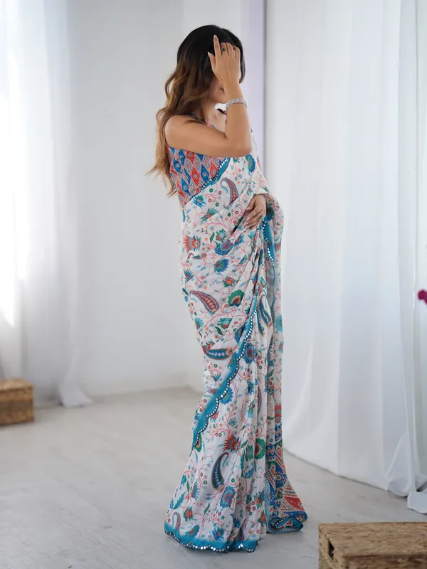 Elegant White Heavy Chinon Party Wear Saree