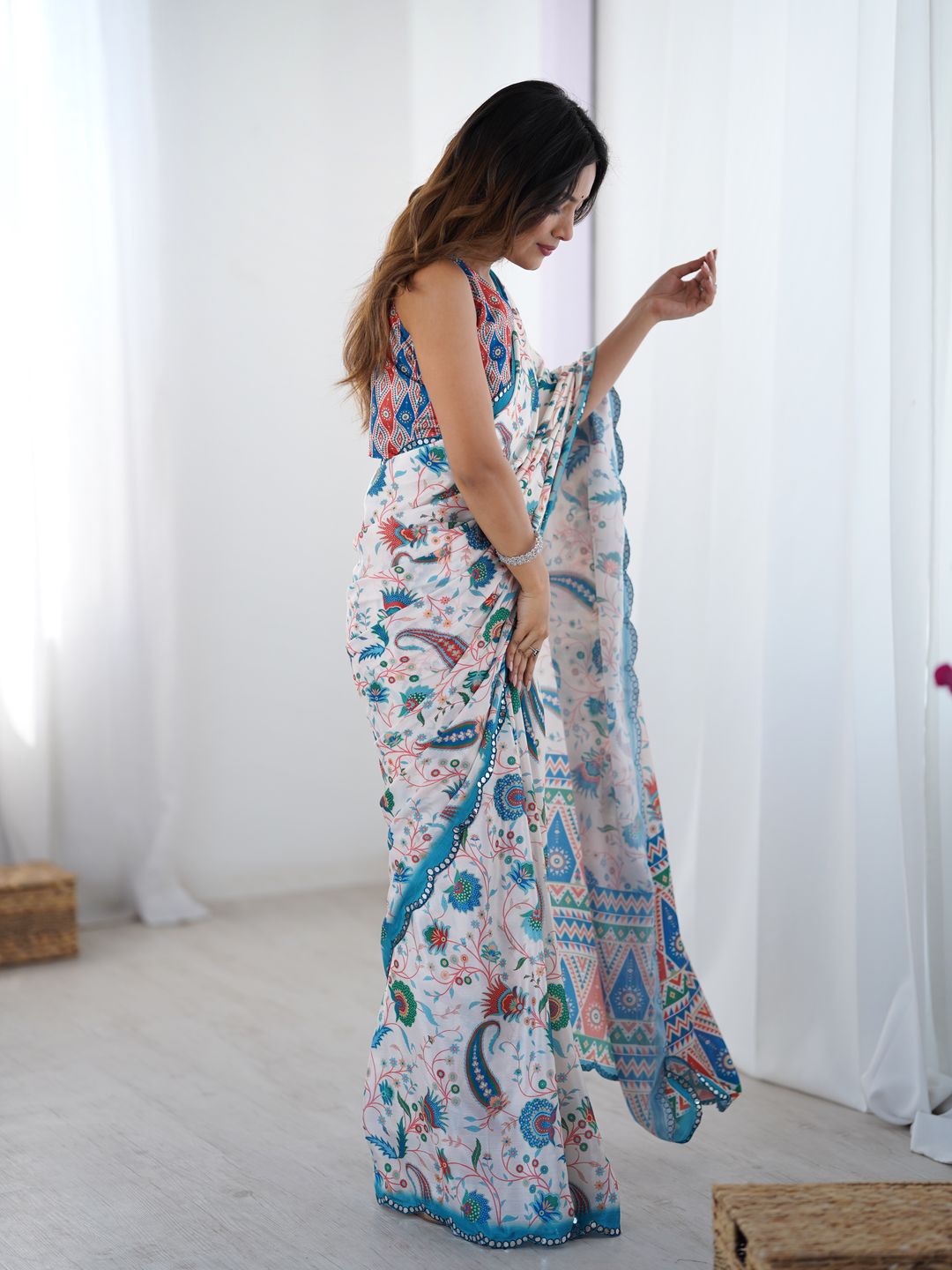 Elegant White Heavy Chinon Party Wear Saree