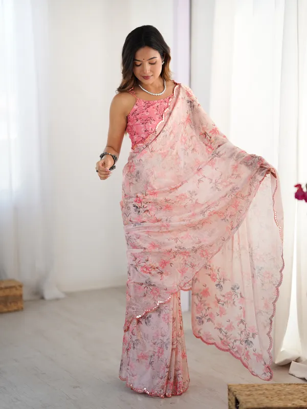 Pink Designer Chinon Saree with Mirror Lace Border
