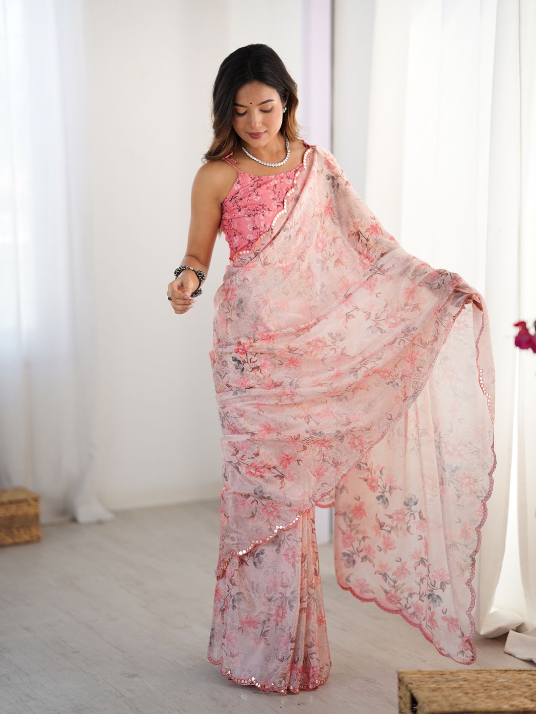 Pink Designer Chinon Saree with Mirror Lace Border