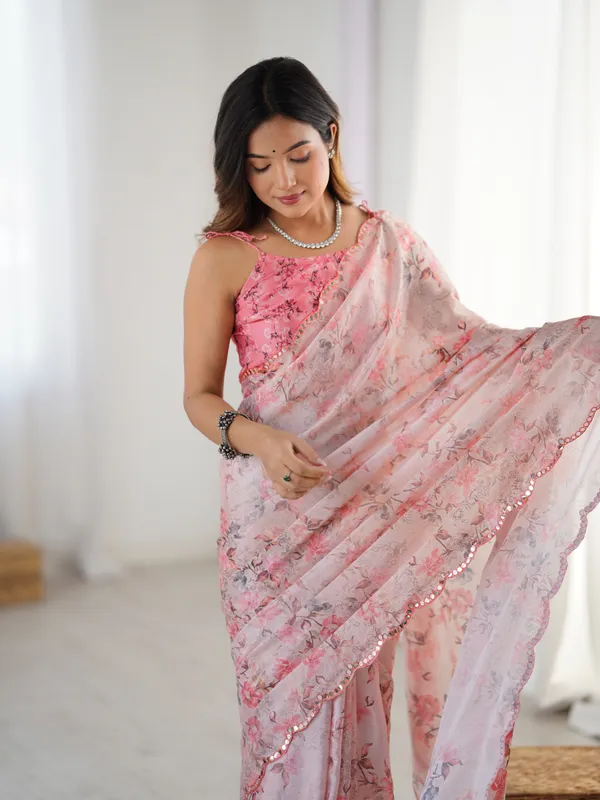 Pink Designer Chinon Saree with Mirror Lace Border