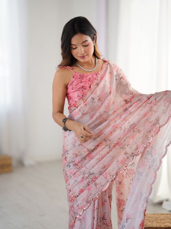 Pink Designer Chinon Saree with Mirror Lace Border