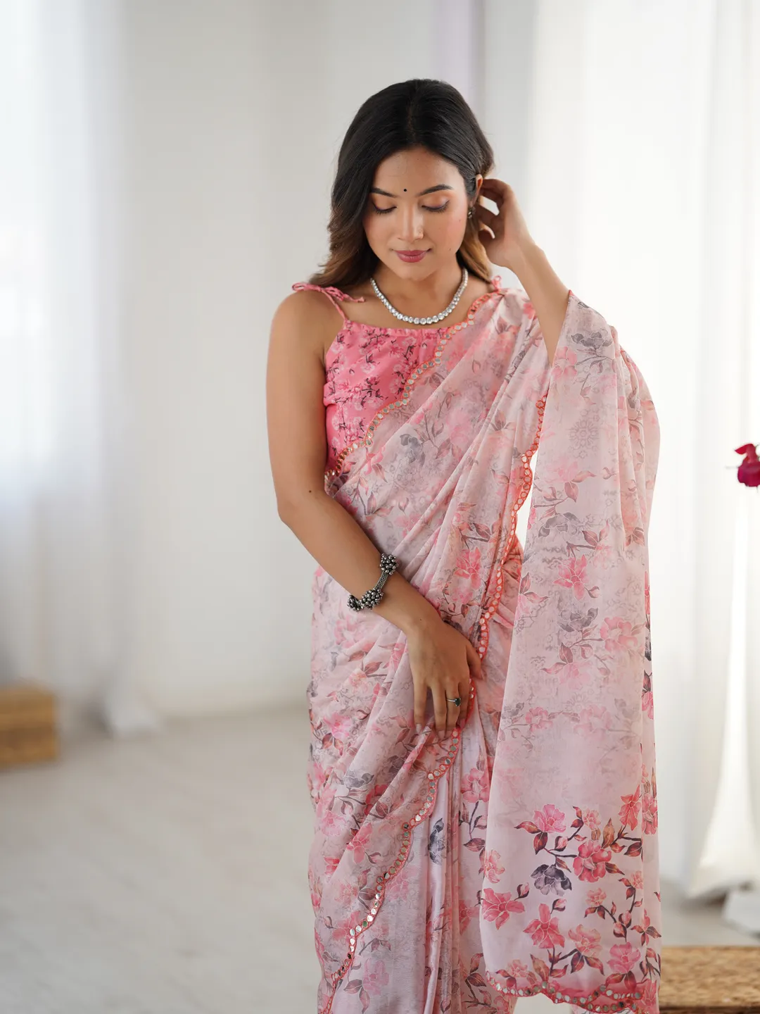 Pink Designer Chinon Saree with Mirror Lace Border