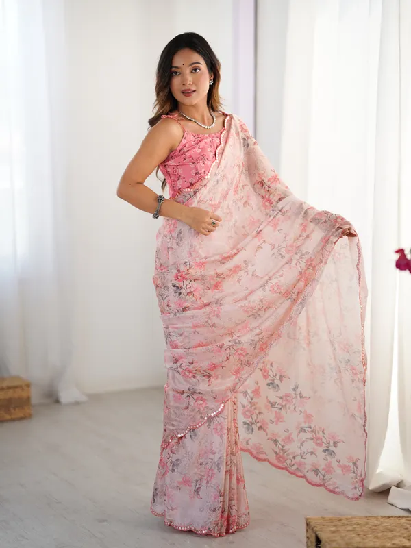 Pink Designer Chinon Saree with Mirror Lace Border